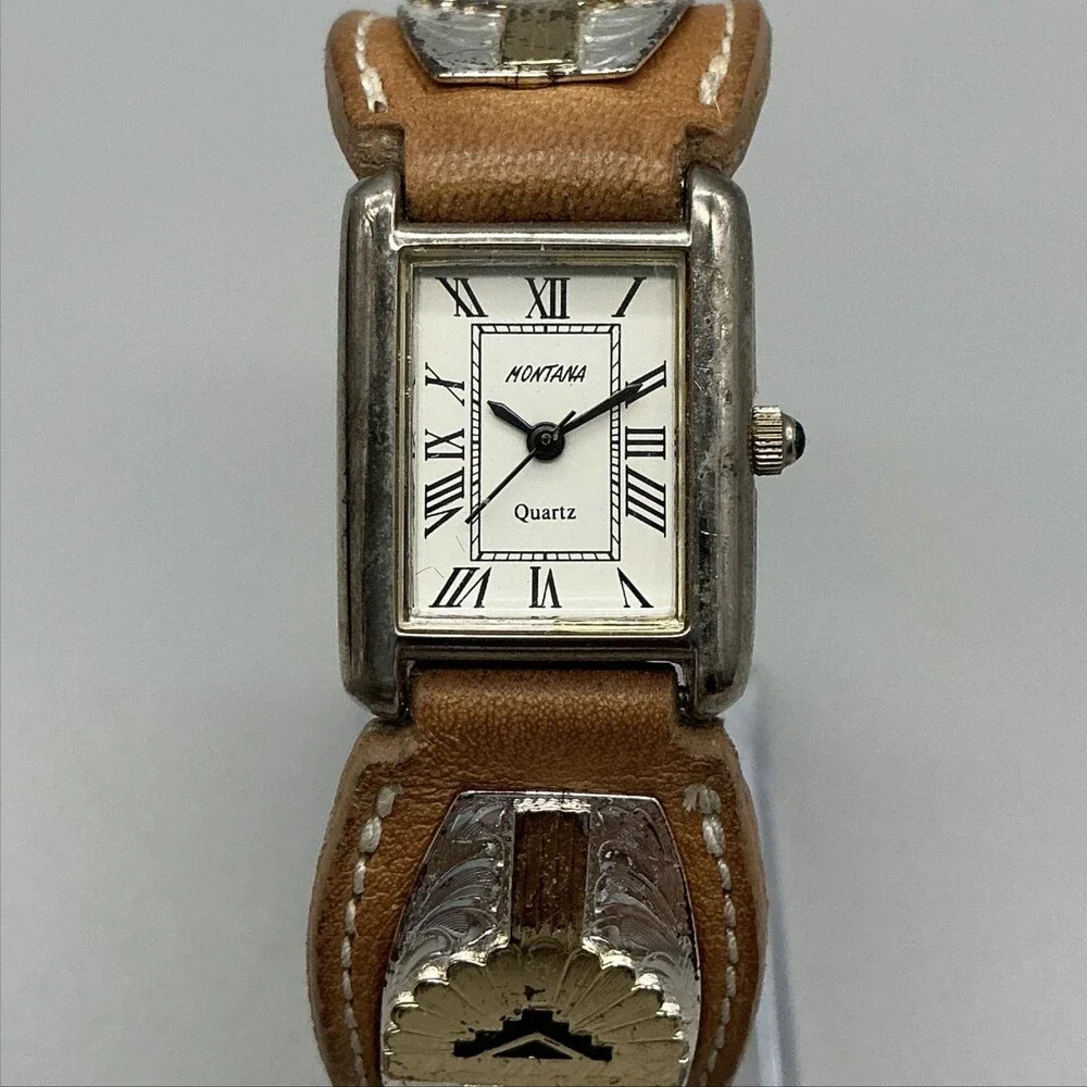 Montana Silversmiths Womens Watch Silver Tone Brown Leather Western New Battery